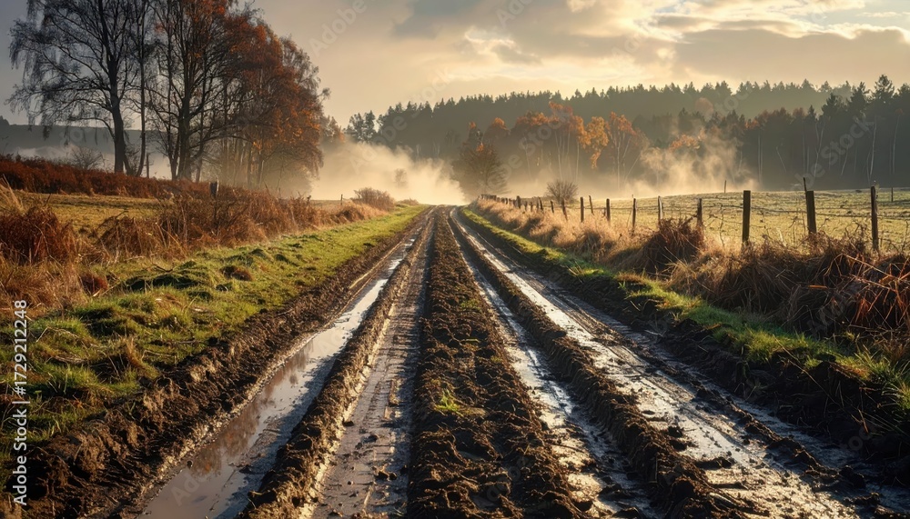 Fototapeta premium Serene Country Road Through Fields and Forest in Morning Light