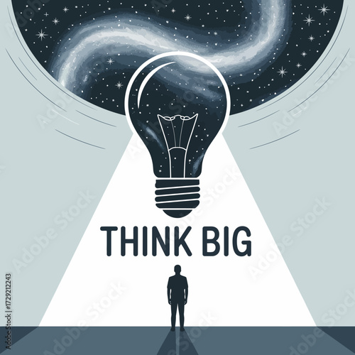 Man standing under illuminated lightbulb with 'think big' text inspiring idea generation and innovation in cosmic background vector