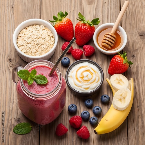 Delectable and invigorating berry smoothie with fresh fruit toppings on rustic wooden surface a vibrant and healthy