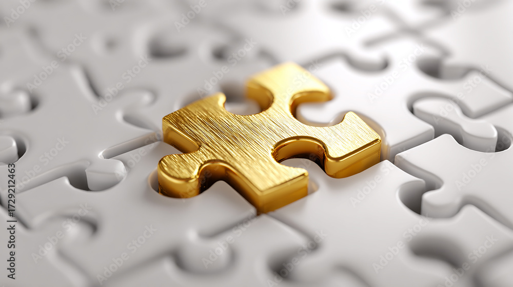 Fototapeta premium One golden puzzle piece fitting among white pieces, concept of solution and leadership.