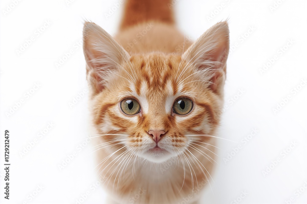 Fototapeta premium Top-down view of an endearing ginger tabby cat with a focused expression