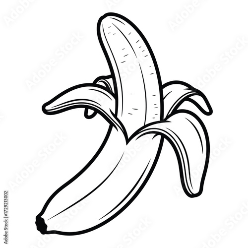 Simple black and white line art drawing of a peeled banana offering delicious sweet fruit silhouette