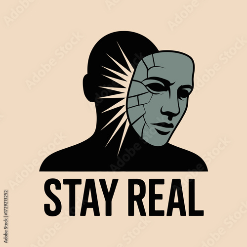 Cracked mask falling away revealing true self symbolizing authenticity and identity with 'stay real' text vector