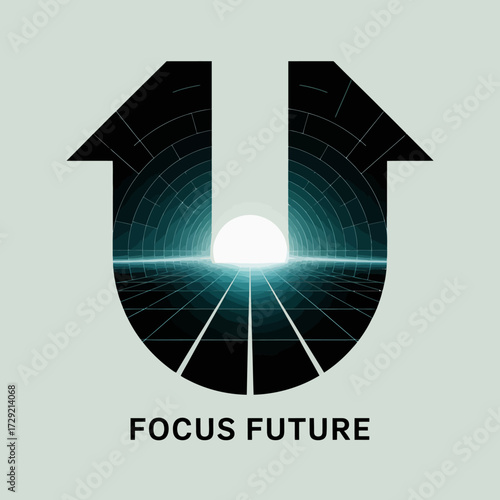 Futuristic u-shaped symbol with glowing tunnel and text focus future representing technology innovation vision vector