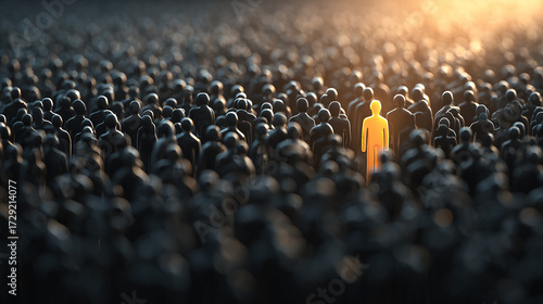 One highlighted figure in digital crowd, concept of data-driven leadership.
