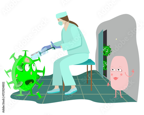 A healthcare worker administers a vaccine, and the virus transforms into a beneficial bacterium