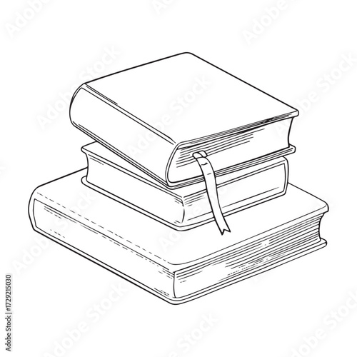 A stack of three bound books one with a bookmark rendered in a simple black and white line drawing style