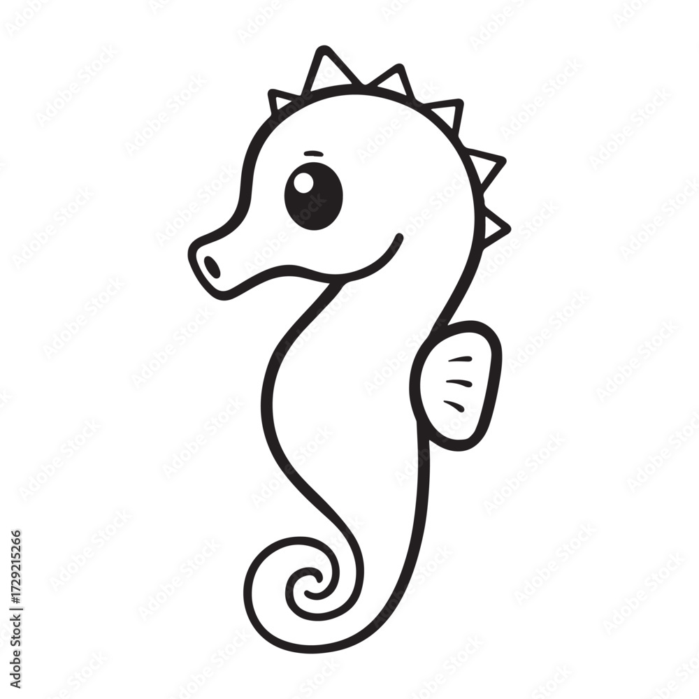 Obraz premium Adorable hand drawn outline of a cute cartoon seahorse with a curled tail and spiky mane