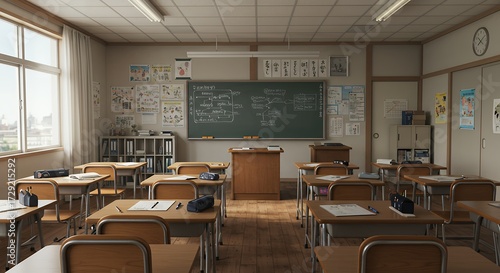 Empty classroom with rows of desks and chairs, illuminated by natural light from a large window, featuring a blackboard with writing, educational posters, and a teacher's podium