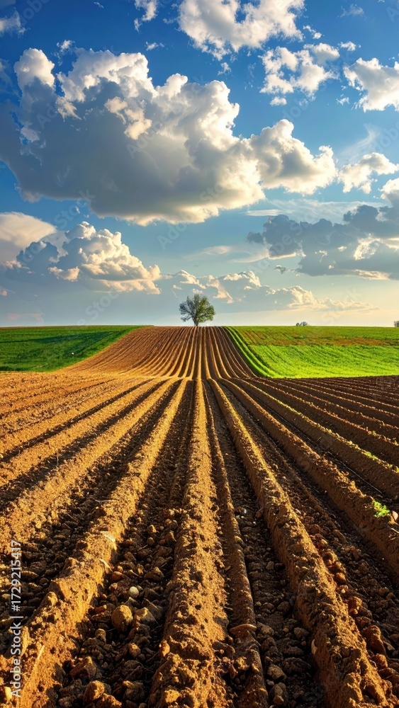 Obraz premium Serene Agricultural Landscape with Plowed Fields and Dramatic Clouds