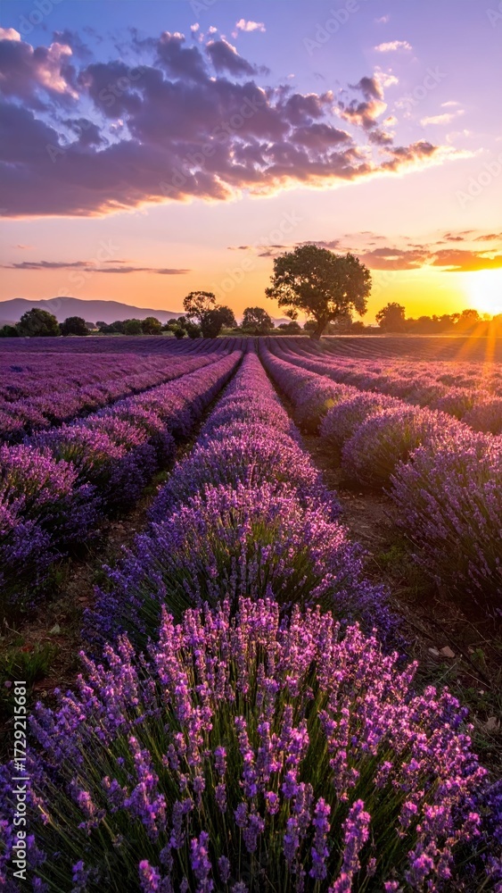 Naklejka premium Beautiful Lavender Fields at Sunset with Dramatic Sky and Clouds