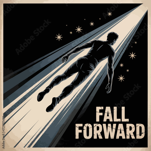 A person silhouetted falling forward through streaking light beams against a starry dark sky motivational art vector