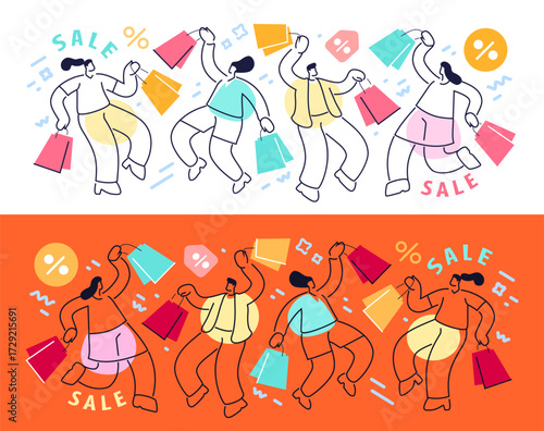 Happy women with shopping bags. Sale banner. Vector illustration for retail promotion