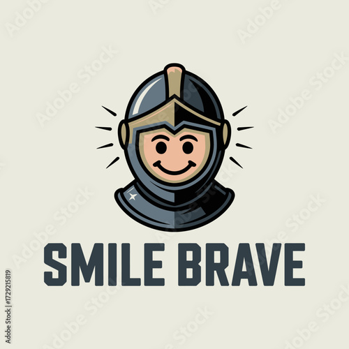 Happy knight mascot smiling with brave message emblem featuring a cartoon helmet and friendly face for courage and positivity themes vector