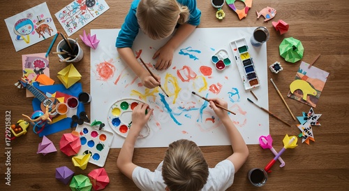 Overhead view of two joyful children engaged in a vibrant art session, their hands busy with colorful paints and various craft supplies, fostering creativity and imagination while having fun