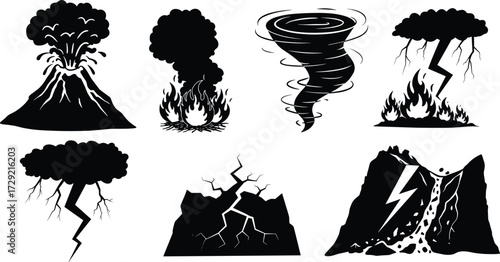 Natural disaster silhouettes, volcano eruption, wildfire flames, tornado storm, lightning thunderstorm, earthquake cracks, landslide, climate hazard icons, disaster vector illustration