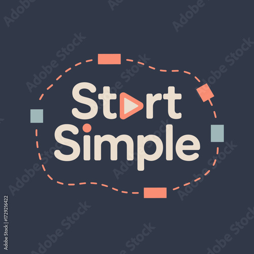 Modern graphic design poster "start simple" with play button icon and dynamic shape elements minimalist typography and branding concept vector