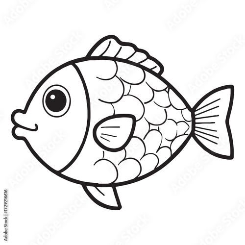 Simple cartoon illustration of a cute plump fish with large eyes and scales ready for coloring