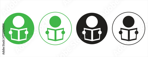 Reading person avatar icons in green and black circles, literacy and self-education symbols