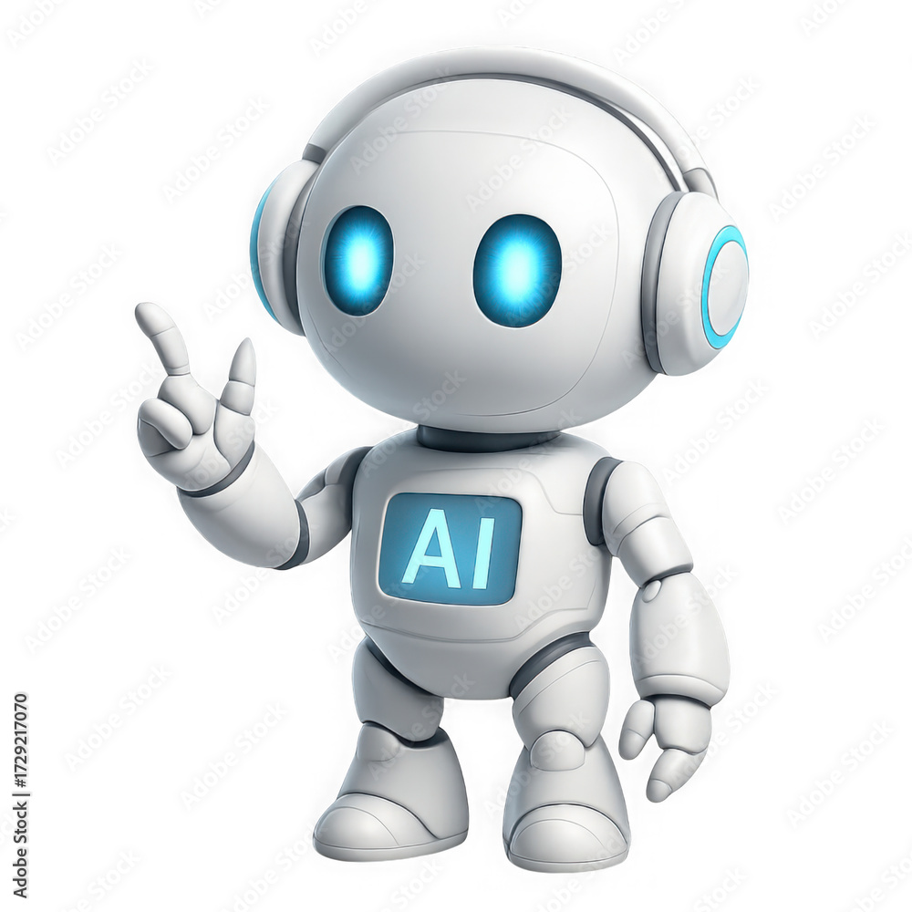Fototapeta premium Friendly cartoon robot character wearing headphones displaying ai symbol with peace sign isolated on transparent background