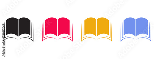 Stylized open books icons in four vibrant colors, abstract symbols for education and literature