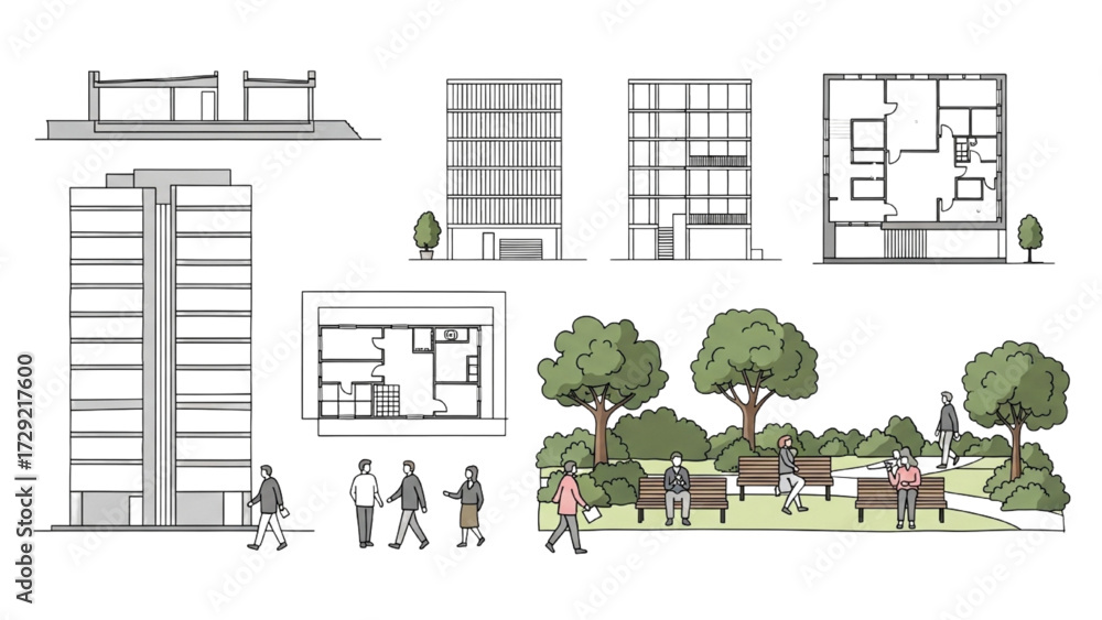 Naklejka premium Architectural People Plan Vector Set – Top View Working on Laptop Minimal Hand-Drawn Elements for Architecture and Landscape Design AI EPS PNG JPEG