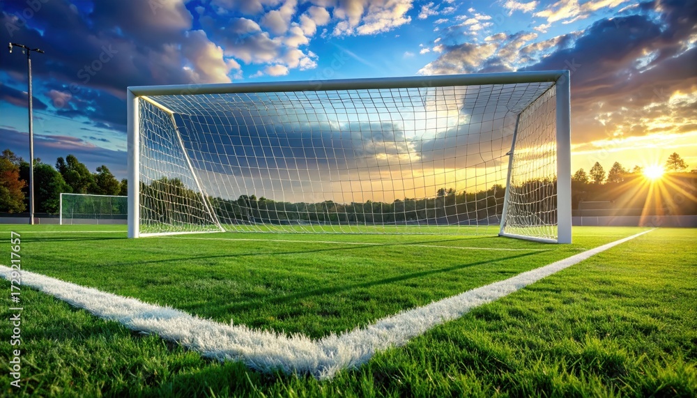 Fototapeta premium Sunrise Over Soccer Goal on Lush Green Field with Dramatic Clouds