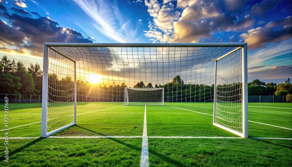 Fototapeta premium Serene Sunset Over Empty Soccer Goal on Lush Green Field