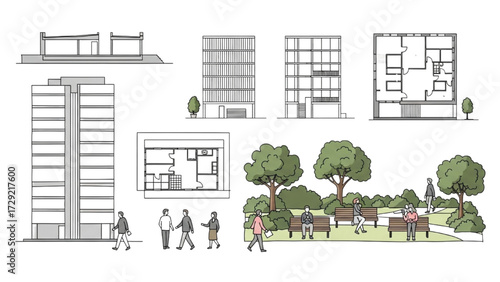 Architectural People Plan Vector Set – Top View Working on Laptop Minimal Hand-Drawn Elements for Architecture and Landscape Design AI EPS PNG JPEG