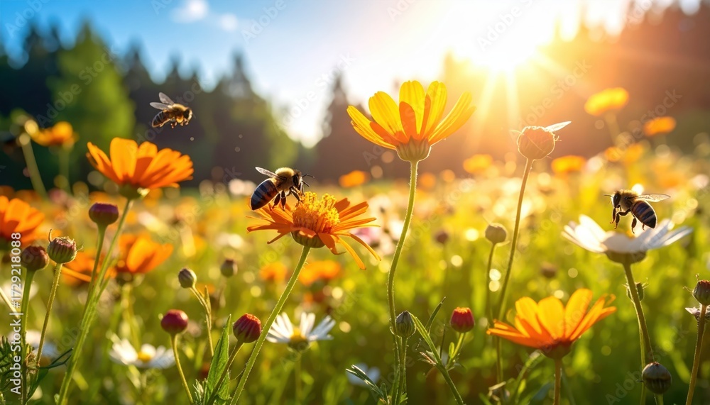 Obraz premium Vibrant Wildflowers and Bees in Sunlit Meadow During Spring Morning