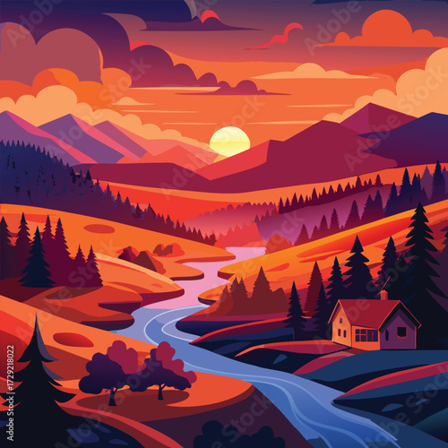 Serene Roadside River Illustration With A Curvy Highway Running Along Sparkling Waters, Towering Pines On Both Sides, And Majestic Mountain Peaks Rising In The Distant Background