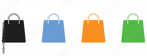 Set of colorful shopping bags with handles in solid flat icon style, e-commerce and retail symbols
