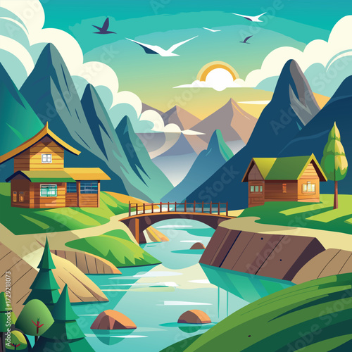 Majestic River Gorge Vector Illustration With Pine-Lined Banks, Smooth Rocky Slopes, Towering Mountain Peaks, Sparkling Waters, And Distant Forested Valleys Under A Clear Blue Sky