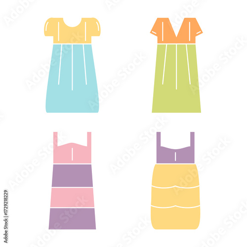 Set of cute long dress design hand drawn colorful illustration in glossy bubble style collections