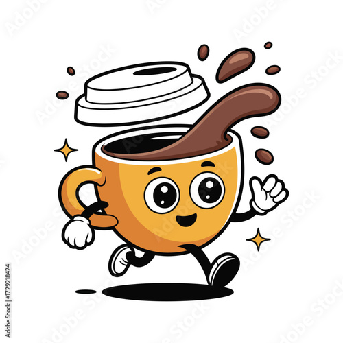 Cartoon illustration of a disposable coffee cup character with smiling face running and splashing coffee in playful minimalist style