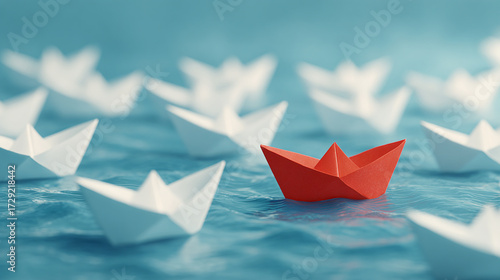 Single red paper boat among many white boats floating on blue water, concept of leadership and individuality.