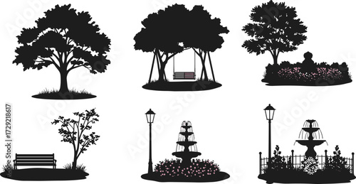 Park scene silhouettes, tree, bench, swing, fountain, statue, street lamps, garden design, landscape elements, urban park icons, nature illustration
