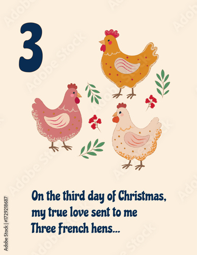 Playful illustration of three French hens with festive foliage, celebrating the third day of the Christmas carol. Vector art.