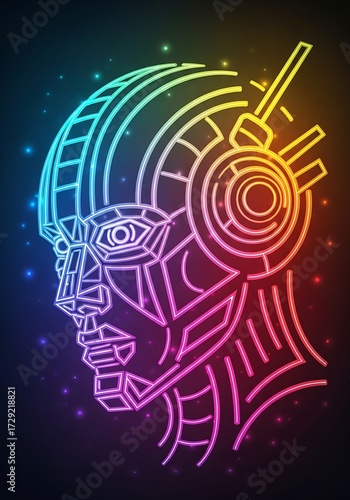 Futuristic neon cyborg head with vibrant gradient lines and galaxy sparkle background evoking advanced technology and