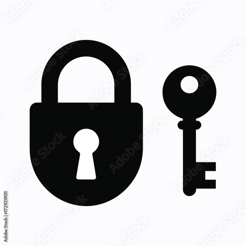 Black silhouette of a padlock and a key on a white background security safety.