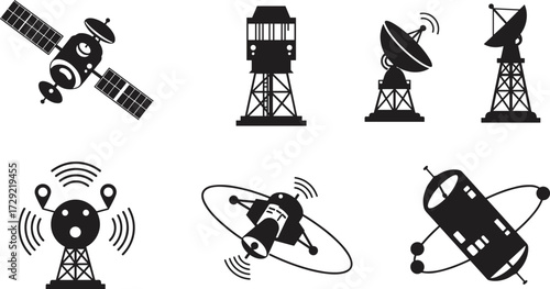 Satellite communication technology icons, space exploration equipment, orbital satellite dish, radar tower, telecommunication signal, aerospace science illustration, global network design