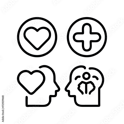 Icons representing mental health well being and care with a heart and brain symbol
