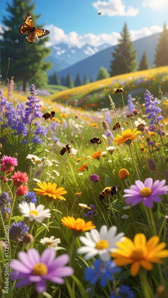 Fototapeta premium Serene Meadow with Colorful Flowers and Butterflies Under Blue Sky