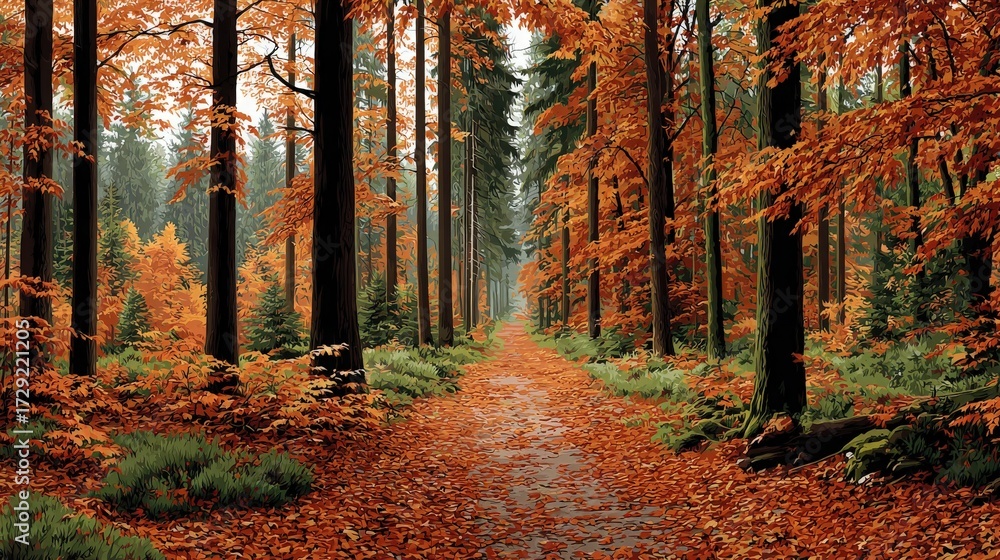 Obraz premium Autumn Forest Path with Orange Leaves