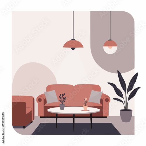 Modern living room with cozy sofa, coffee table, and plants  