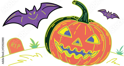Colorful Halloween Pumpkin with Bats and Graveyard Illustration
