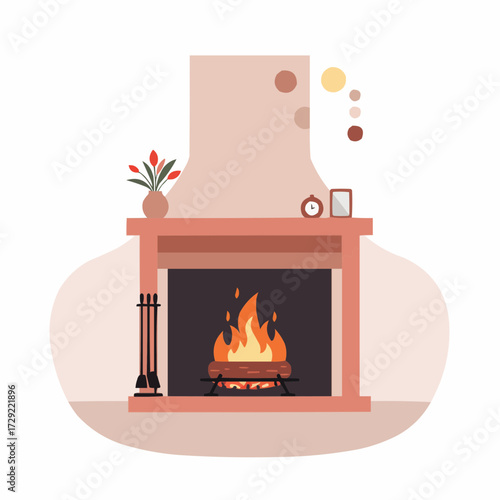 Cozy fireplace with flames, plant, clock, and framed picture  