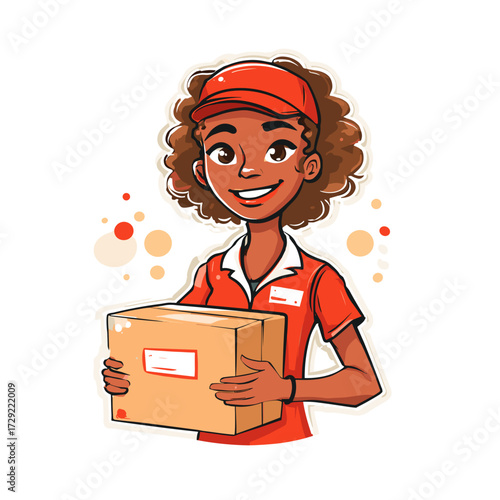 Smiling shipping clerk illustration in red uniform holding a package, cheerful courier delivering parcel on white background