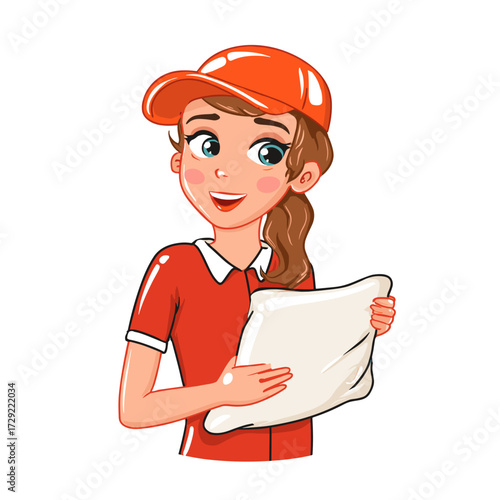 Smiling shipping clerk illustration in red uniform holding a padded envelope, cheerful courier delivering mail on white background