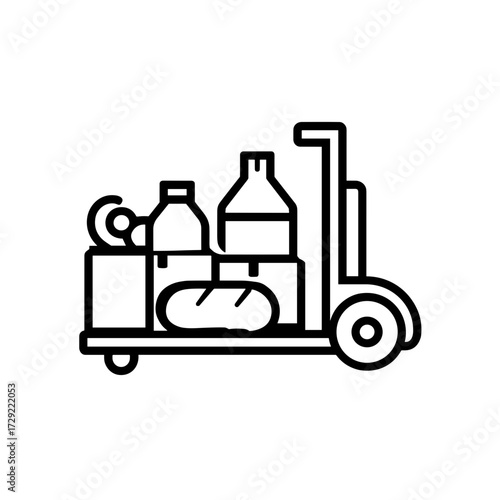 Minimalist line art pallet jack icon in black and white, simple monoline style, grocery and warehouse delivery concept